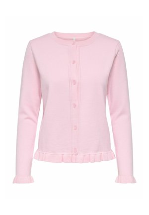 Világos rózsaszín hosszú ujjú, gombos kardigán fodros szegéllyel és mandzsetta részletekkel, kerek nyakkivágással és testhez simuló szabással.