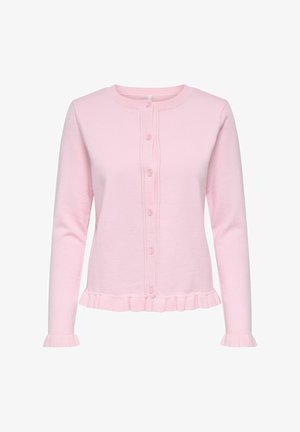 Világos rózsaszín hosszú ujjú, gombos kardigán fodros szegéllyel és mandzsetta részletekkel, kerek nyakkivágással és testhez simuló szabással.