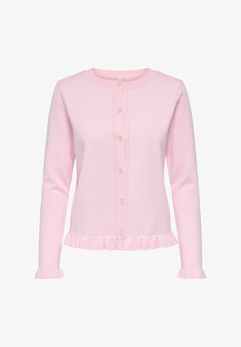 Cardigan à manches longues rose pâle avec boutons, ourlet et poignets à volants, col rond et silhouette ajustée.