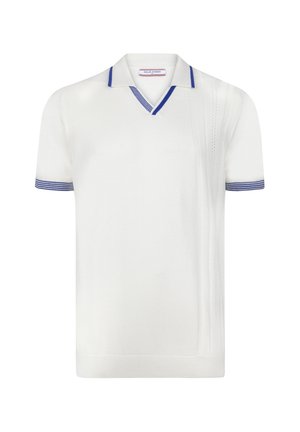 White short-sleeve polo shirt features a V-neck, blue accent stripes on the collar and sleeves, and intricate textured detailing on one side.