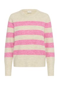 Striped sweater in cream and pink. Made of soft material with a crew neckline and long sleeves. Features bold horizontal stripes.
