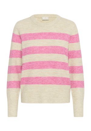 Maglione a righe crema e rosa. Realizzato in materiale morbido con scollo rotondo e maniche lunghe. Presenta grandi righe orizzontali.