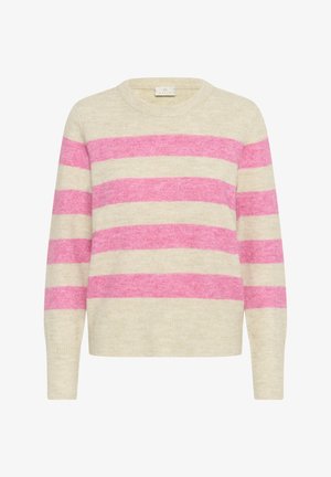 Maglione a righe crema e rosa. Realizzato in materiale morbido con scollo rotondo e maniche lunghe. Presenta grandi righe orizzontali.