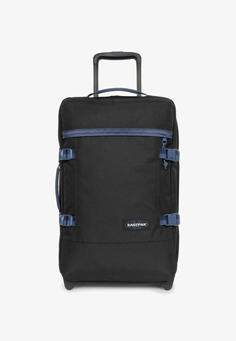 Valise à roulettes noire en tissu résistant, dotée d'une poignée supérieure, d'accents bleus, d'une poche zippée à l'avant et de sangles de compression.