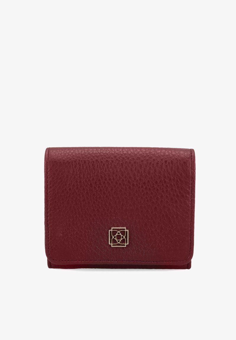 Red leather wallet with a textured finish, featuring a gold emblem on the front and a compact, rectangular shape.