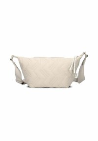Gepolsterte beige Bauchtasche mit Zickzackmuster, ausgestattet mit einem Reißverschluss und einem verstellbaren Riemen, aus weichem Material gefertigt.