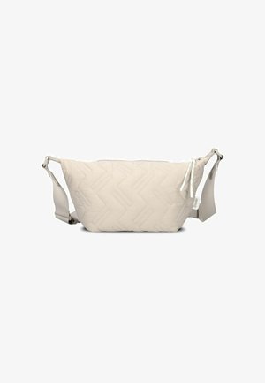 Gequilte beige heuptas met zigzagpatroon, voorzien van een ritsluiting en een verstelbare schouderband, gemaakt van zacht stof.