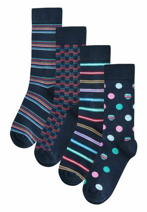 Patru șosete bleumarin cu modele colorate: dungi orizontale, carouri, dungi subțiri multicolore și buline.