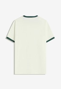 T-shirt en coton crème à manches courtes, avec col côtelé vert et ourlets de manches. Design simple et épuré avec une coupe décontractée.