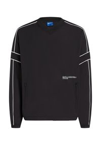 Sort pullover med V-udskæring, der har hvide sidestreger og lynlåslommer. Viser "Karl Lagerfeld Jeans" logoet i hvid.