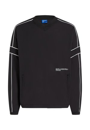 Black pullover with a V-neck, featuring white side stripes and zippered pockets. Displays the "Karl Lagerfeld Jeans" logo in white.