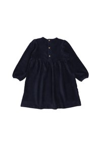 Marineblaues Cordurinkleid mit langen Ärmeln, einem gerafften Rock und fünf Holzknöpfen auf der Rückseite. Glatte Textur und runder Ausschnitt.
