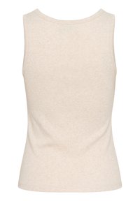 Lichtbeige mouwloze tanktop gemaakt van een zachte, textuurstof. Heeft een ronde hals en een aansluitende silhoët met subtiele patroondetails.