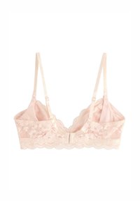 Lace bralette in zachte roze met verstelbare straps, gegolfde randen en een sluiting aan de voorkant. Kenmerkt zich door ingewikkelde bloemenkantdetails.