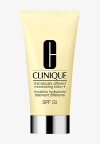 Yellow squeeze tube featuring black text, silver bottom, labeled "Clinique Dramatically Different Moisturizing Lotion + SPF 50."