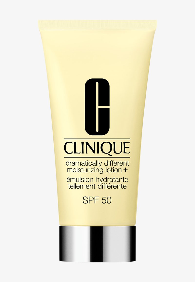 Yellow squeeze tube featuring black text, silver bottom, labeled "Clinique Dramatically Different Moisturizing Lotion + SPF 50."