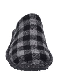 Pantofola in feltro di lana con un motivo a scacchi nero e grigio, forma arrotondata, texture morbida e suola in gomma per una maggiore durata.