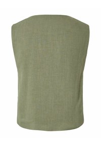 Top sin mangas de lino verde oliva con espalda recta y detalles sutiles de costura, mostrado plano sobre un fondo blanco.