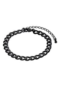 Bracciale a catena nera con anelli intrecciati, dalla superficie liscia e con una chiusura sicura. Catena regolabile per personalizzare la misura.