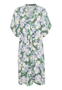 Blommig klänning i grönt med blå och vita blommor. Korta ärmar, knäppning framtill, midjeband och lättviktsmaterial. Casual design.