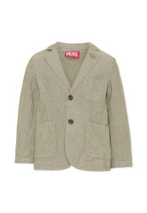 Jasnobeżowa, dwuklapkowa marynarka casual z trzema naszywanymi kieszeniami z przodu oraz czerwoną metką Diesel wewnątrz kołnierza.