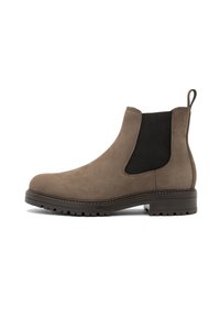 Rudi Suede Chelsea batai su juodais elastiniais šonų įdėklais, apvaliu batu priekiniu galu, traukimo kilpu ir tekstūruotu guminiais padais. Siuvinėjimas palei padais.