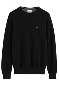 Pull noir en maille avec un motif texturé. Comprend un col rond, des manches longues et un petit logo blanc sur la poitrine. Ourlet et poignets côtelés.