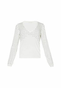 White V-neck knit sweater with long sleeves, featuring evenly spaced black square and round patterns across the front.