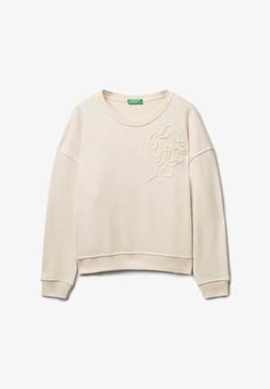 Světle béžová mikina s kulatým výstřihem, spadlými rameny a texturovaným květinovým vzorem na přední straně. Měkká tkanina s ribovanými manžetami.