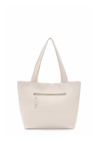 Sac fourre-tout beige clair en matériau synthétique texturé, avec deux bretelles et une poche zippée à l'avant.