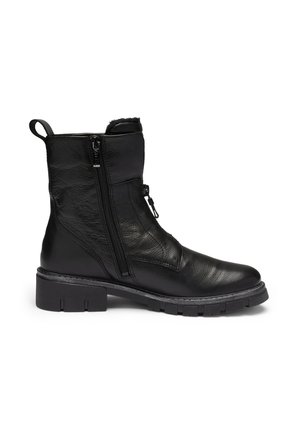 Black leather ankle boot with chunky sole, side zipper, pull tab at heel, and padded collar.