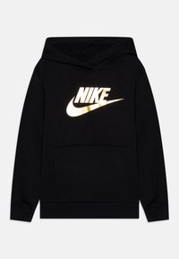 Sweatshirt preto feito de uma mistura de algodão, com um grande logotipo dourado da Nike na parte da frente, bolso canguru e punhos e barra canelados.