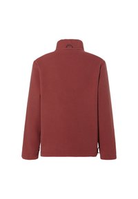 Pull-over en polaire rouge avec un col haut, des manches longues et une coupe décontractée. Présente une texture subtile et des fentes latérales à l'ourlet.