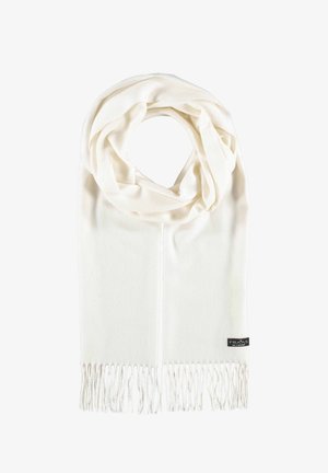 Biely šál vyrobený z mäkkého materiálu, s hladkým povrchom, rovnými okrajmi a jemnými třásňami na koncoch. Viditeľná značka.