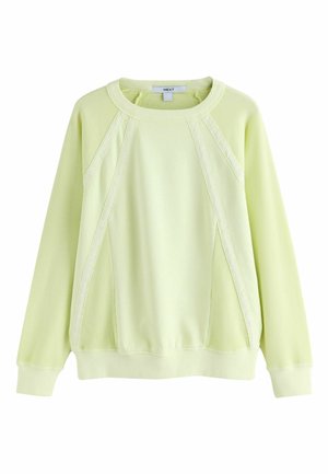 Hellgrüner Langarm-Pullover mit Rundhalsausschnitt, texturierten Stoffpaneelen und Spitzenbesatz vorne und an den Ärmeln.