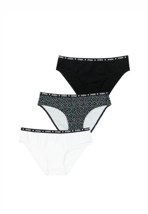 Trois culottes pour femmes : une noire, une blanche, et une avec un motif à pois colorés, chacune avec une bande élastique portant l'inscription "ATHENA".