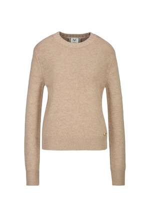 Pull beige en tricot à manches longues avec poignets, ourlet et col rond côtelés, présenté sur un fond blanc uni.