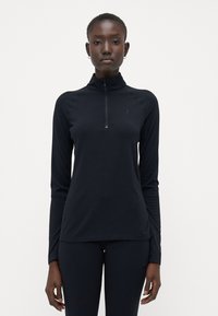 Cămașă sport neagră cu mânecă lungă și guler cu fermoar pe un sfert, cu o textură netedă și un design ajustat, cu branding minimal pe piept.