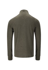 Langærmet polo-shirt i ensfarvet olivengrøn. Lavet af blødt stof med en glat tekstur. Har en høj krave og tætsiddende manchetter.