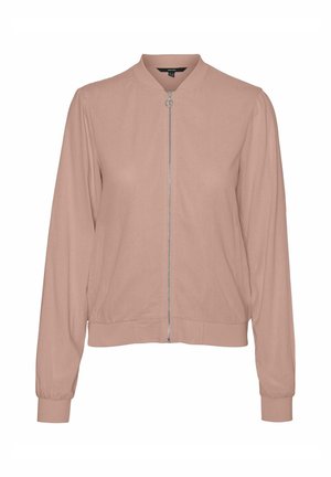 Giacca bomber rosa con zip sul davanti, orlo e polsini a costine, maniche lunghe e un tessuto leggermente strutturato. Design casual adatto per essere indossato a strati.