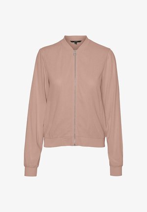 Giacca bomber rosa con zip sul davanti, orlo e polsini a costine, maniche lunghe e un tessuto leggermente strutturato. Design casual adatto per essere indossato a strati.
