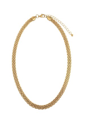 Collier chaîne multi-brins ton or avec fermoir mousqueton et rallonge réglable sur fond blanc.