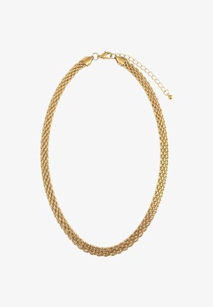 Collier chaîne multi-brins ton or avec fermoir mousqueton et rallonge réglable sur fond blanc.
