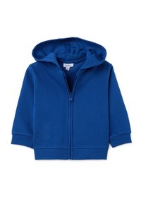 Sudadera con capucha azul con cremallera, hecha de algodón suave, con capucha forrada, puños y bajo acanalados. Incluye una cremallera completa en la parte delantera y no tiene patrones adicionales.