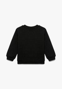 Zwarte sweatshirt met textuur en geribbeld patroon, ronde hals en lange mouwen. Afgewerkt met elastische manchetten en onderkant.