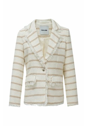 Blazer texturizado a rayas en crema y beige con detalles de flecos, cierre de un solo botón y dos bolsillos delanteros con solapa, etiquetado como Salsa Jeans.