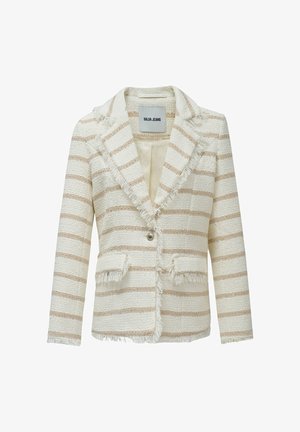 Blazer texturizado a rayas en crema y beige con detalles de flecos, cierre de un solo botón y dos bolsillos delanteros con solapa, etiquetado como Salsa Jeans.