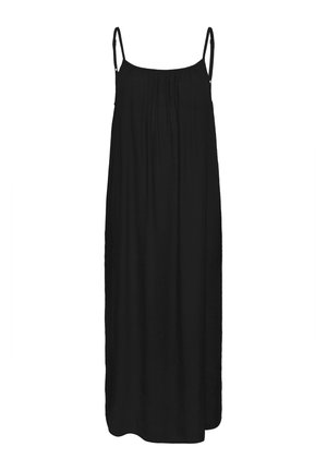 Pikk must ilmaõlapaeltega kleit, mis on vabalt langev ja lai, valgel taustal.