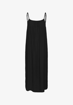 Pikk must ilmaõlapaeltega kleit, mis on vabalt langev ja lai, valgel taustal.