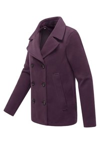 Manteau style caban en mélange de laine violet avec un col cranté, une fermeture croisée à boutons, deux poches latérales et une coupe ajustée.